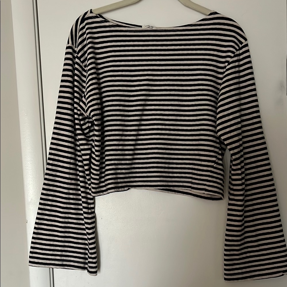 MOTHER Black and White Bell Sleeve Crop Blouse